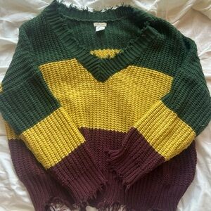 Main Strip Green and Yellow V-Neck Sweater